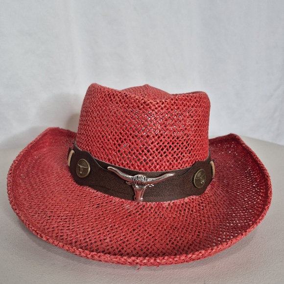 Scala Red Western Straw Hat Country Western Coastal Cowgirl - OSFA - Picture 2 of 10